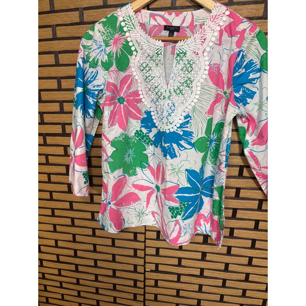 Talbots White And Pink Floral Crochet Top Size Medium Petite - Picture 3 of 7